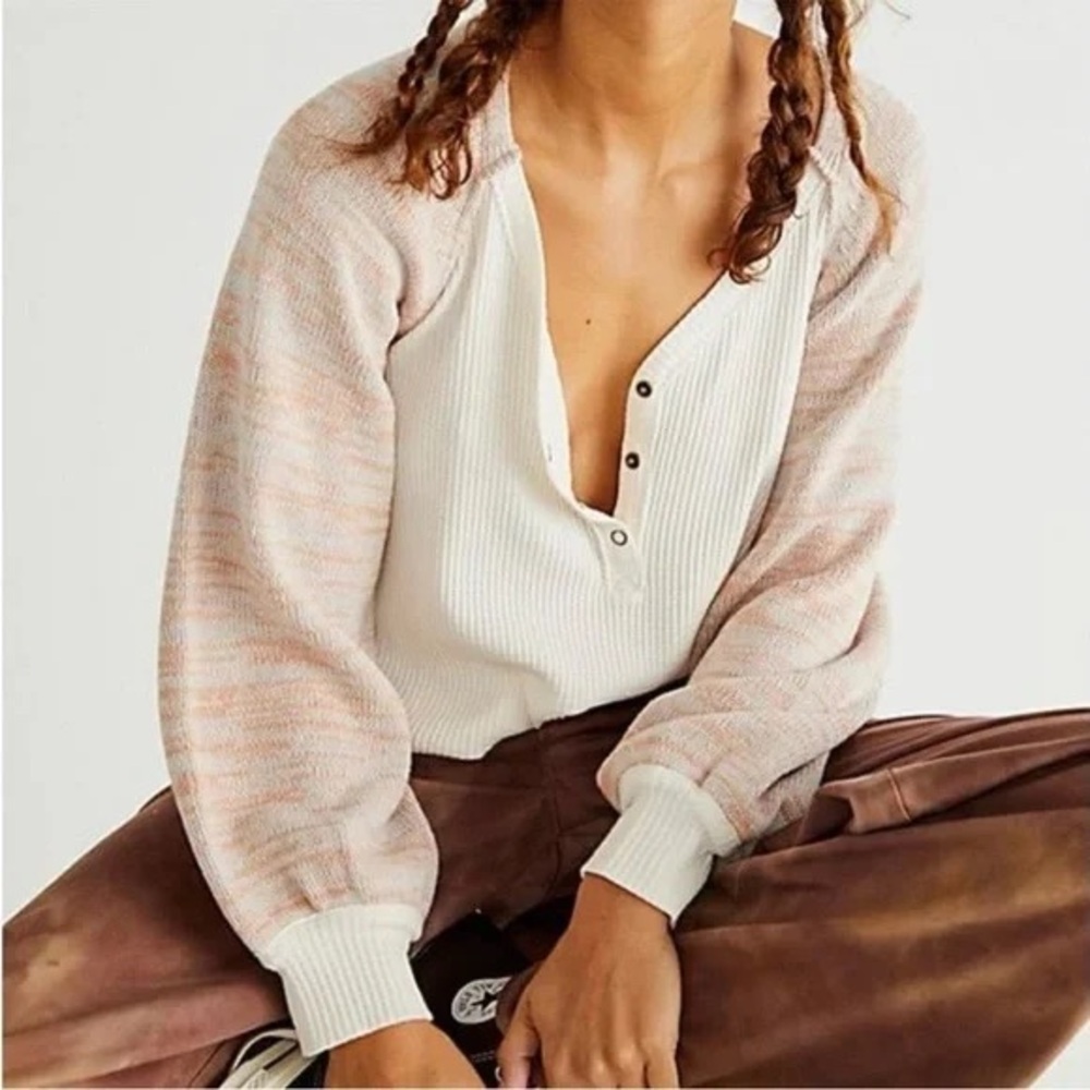 Free People XS We The Free Sweet Confessions Henley Sweater Ivory Pink Combo Top